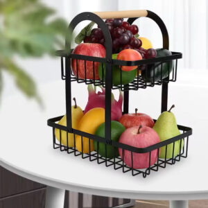 2 Tier Iron Fruit Basket With Wooden Handle