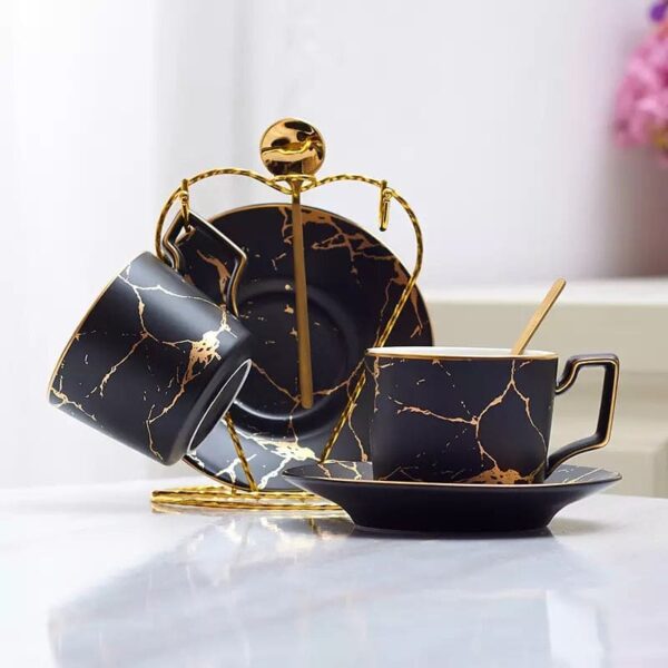 200ml Luxury Marble Ceramic Coffee Cups And Saucers Set With Gold Stand
