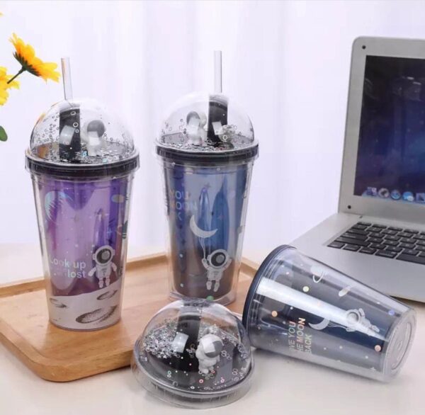 450ml Unisex Double Layer Creative Space Wandering Theme Heat Insulated Straw Cup